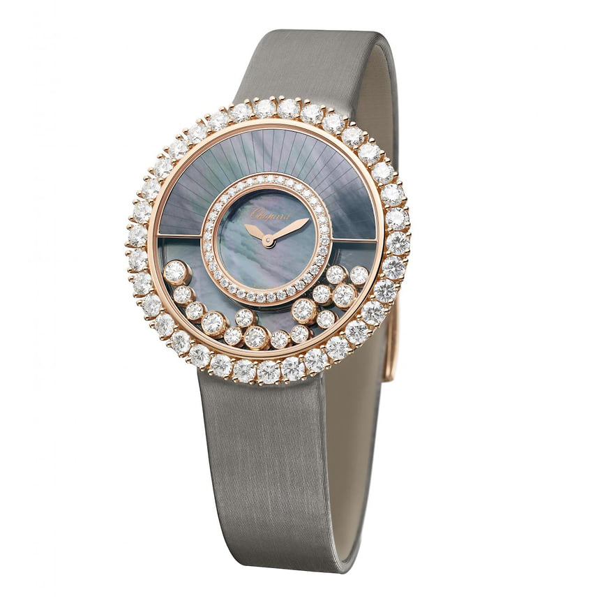Часы Chopard Happy Diamonds Joaillerie, корпус 38 мм, розовое «этичное» золото, бриллианты 4,75 кар, черный таитянский перламутр, кварцевый механизм 