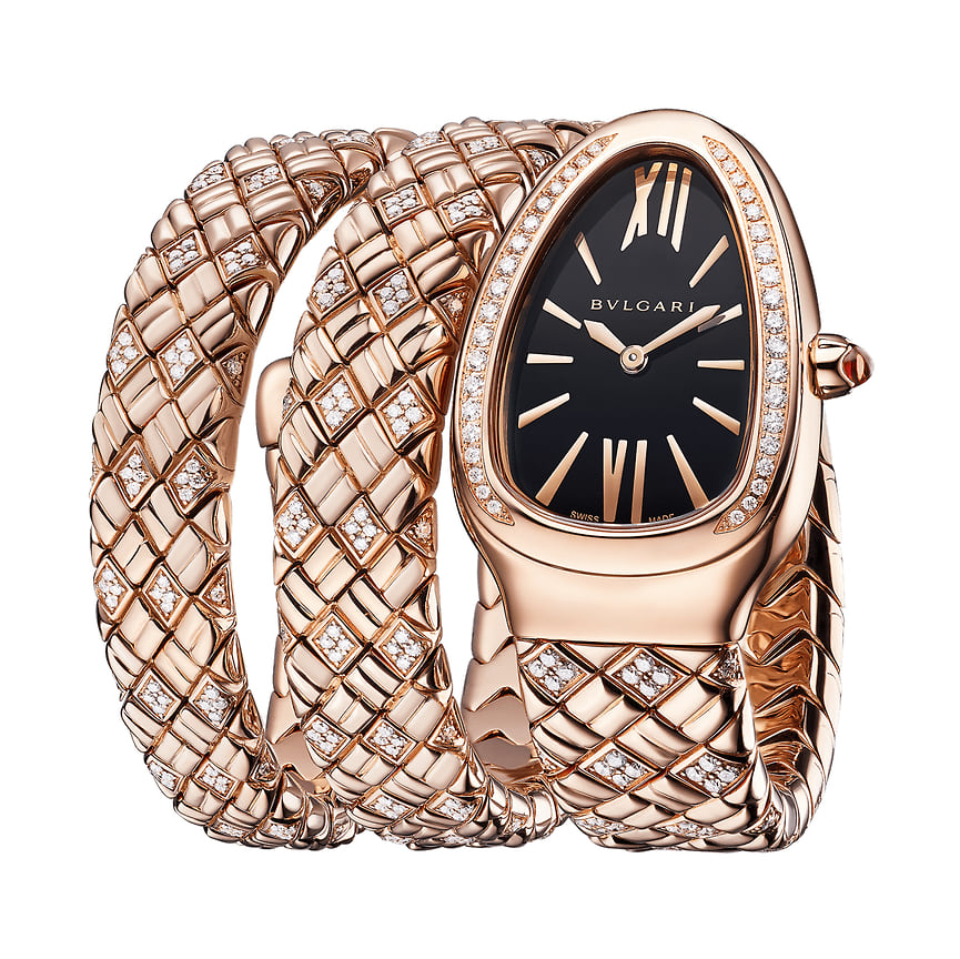 Часы Bvlgari Serpenti Spiga, корпус 35 мм, розовое золото, бриллианты 2,83 кар, кварцевый механизм 
