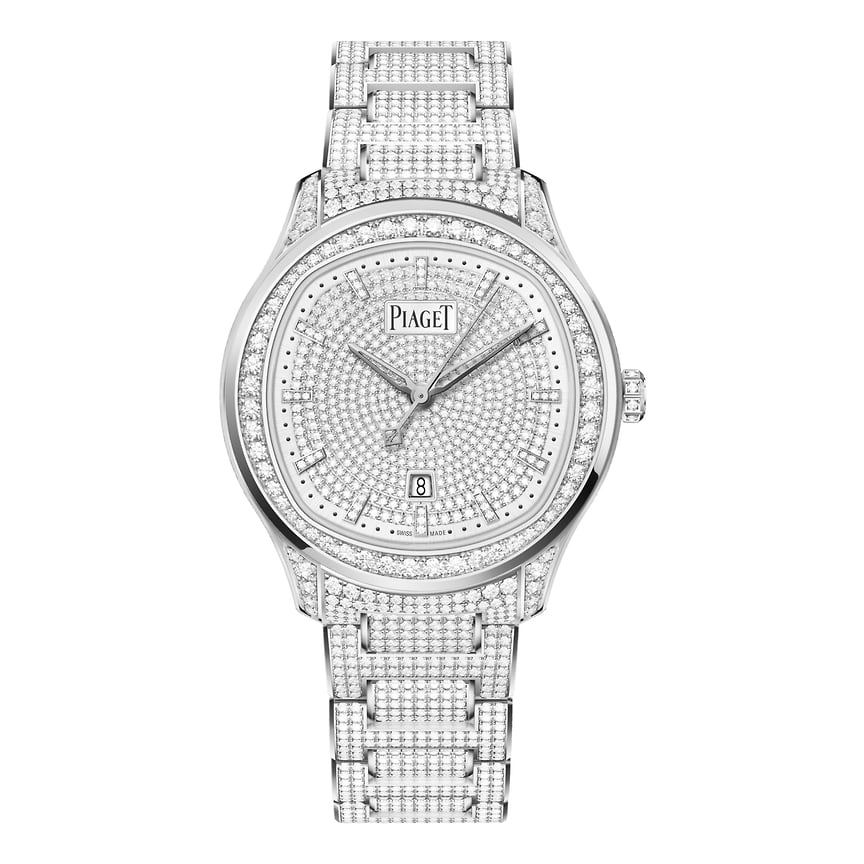 Часы Piaget Polo Date High Jewellery 36mm, корпус 36 мм, белое золото, бриллианты 7,89 кар, автоматический мануфактурный механизм 