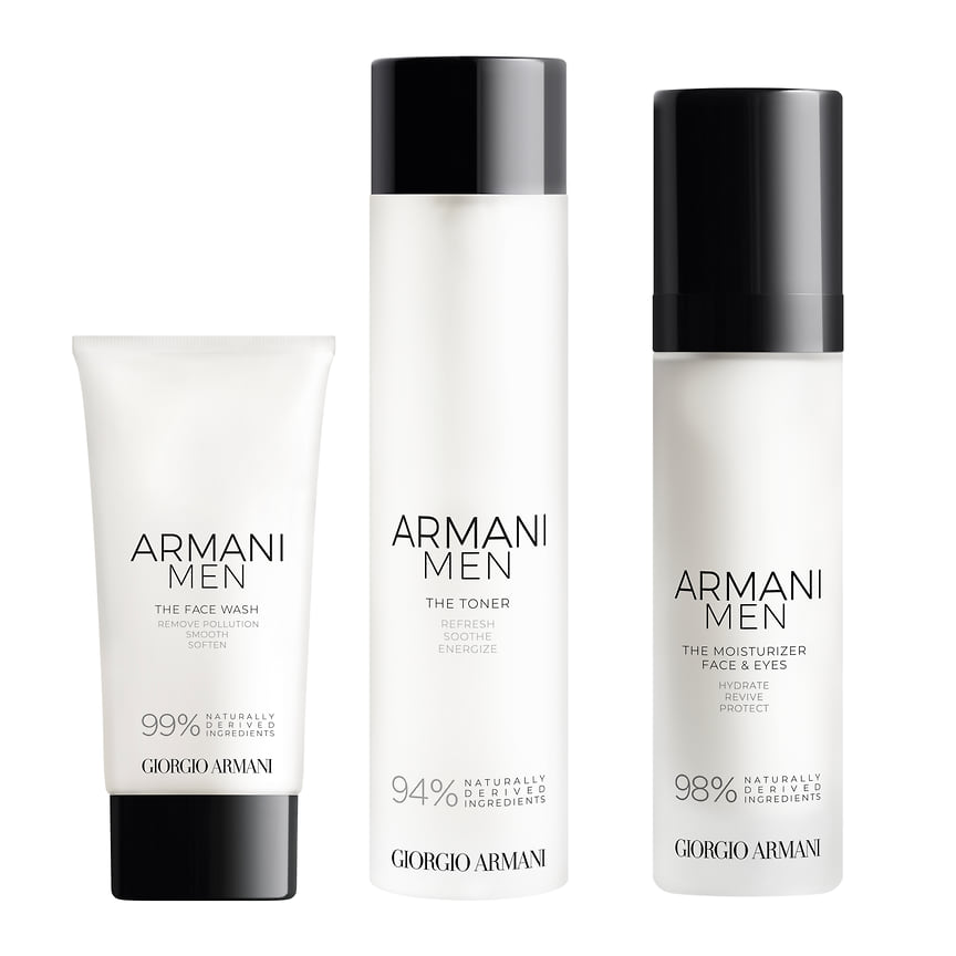 Armani Men, линия средств по уходу за кожей: очищающий гель для лица, увлажняющий крем для лица и области вокруг глаз, лосьон-тоник для лица. Состав: на 99 % из натуральных компонентов, биоразлагаемые формулы и экологичная упаковка. Цена: от 2 800 руб.