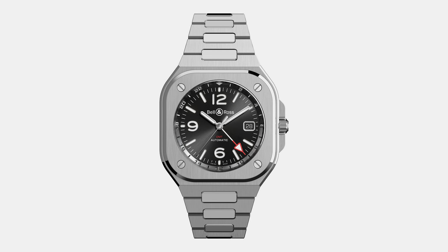 Мужские часы Bell & Ross BR-05 GMT, корпус диаметр 41 мм из нержавеющей стали, автоматический механизм с указателем второго часового пояса, 675 000 руб.