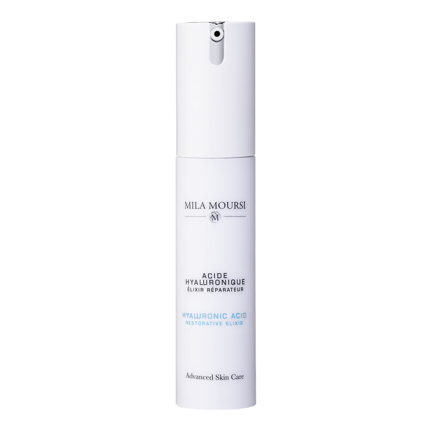 Mila Moursi, увлажняющая антивозрастная сыворотка Hyaluronic Acid Restorative Elixir. Состав: разномолекулярная гиалуроновая кислота, экстракт плодов яблока, арбуза, аллантоин, пантенол. 