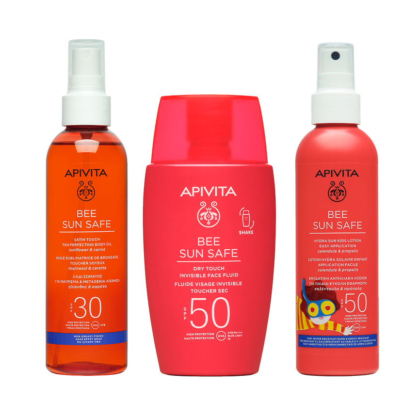 Apivita Bee Sun Safe, солнцезащитная гамма из Греции. Средства созданы на основе компонентов натурального происхождения и обеспечивают защиту не только от ультрафиолетового, но и инфракрасного излучения, и синего света. В составе: гидролизованные водоросли Laminaria Digitata и экстракт прополиса Apivita.