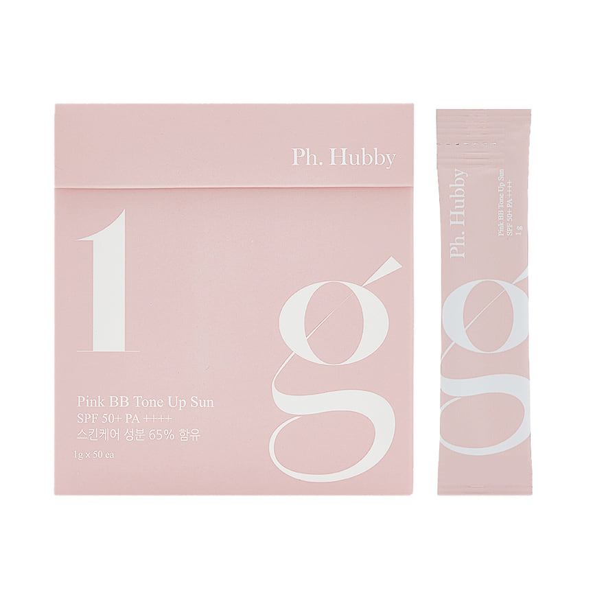 Ph.Hubby, солнцезащитный крем с эффектом BB-крема Pink Bb Tone Up Sun и фактором SPF 50+ PA++++: предотвращает преждевременное старение кожи и выравнивает тон. Распакован в монодозы, каждая подходит для однократного нанесения.