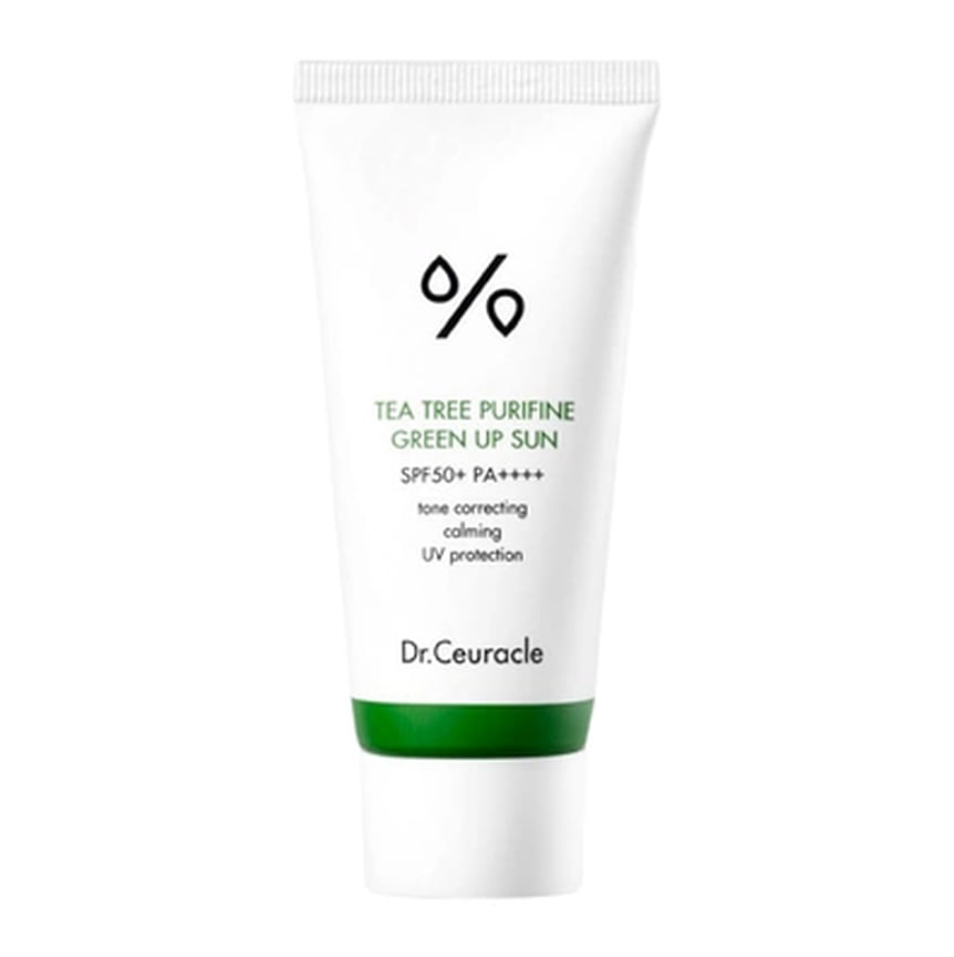 Dr.Ceuracle, солнцезащитный крем-корректор для кожи с покраснениями Tea Tree Purifine Green Up Sun SPF 50+ PA++++. В составе: экстракт чайного дерева, ниацинамид (витамин B3), экстракты портулака и полыни, низкомолекулярная гиалуроновая кислота. (в FOAM).