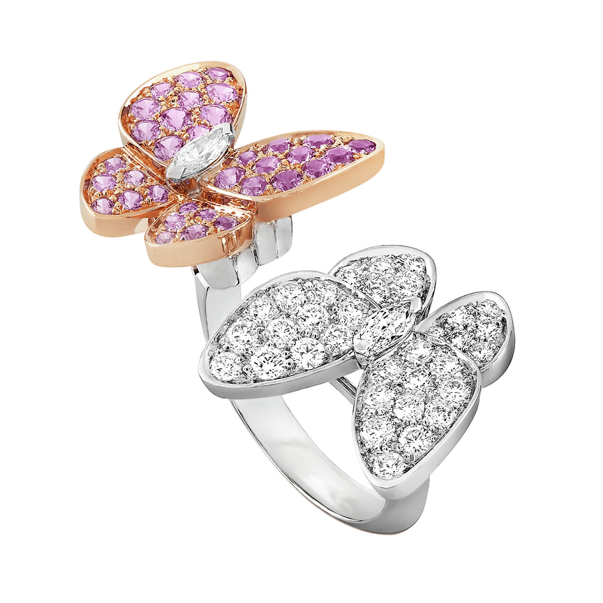 Van Cleef & Arpels, кольцл Butterflies, белое и розовое золото, бриллианты, розовые сапфиры 