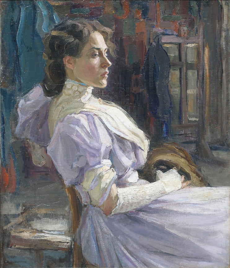 Неизвестный художник (мастерская Репина). Портрет неизвестной в лиловом. 1908. Курская государственная картинная галерея имени А.А. Дейнеки 