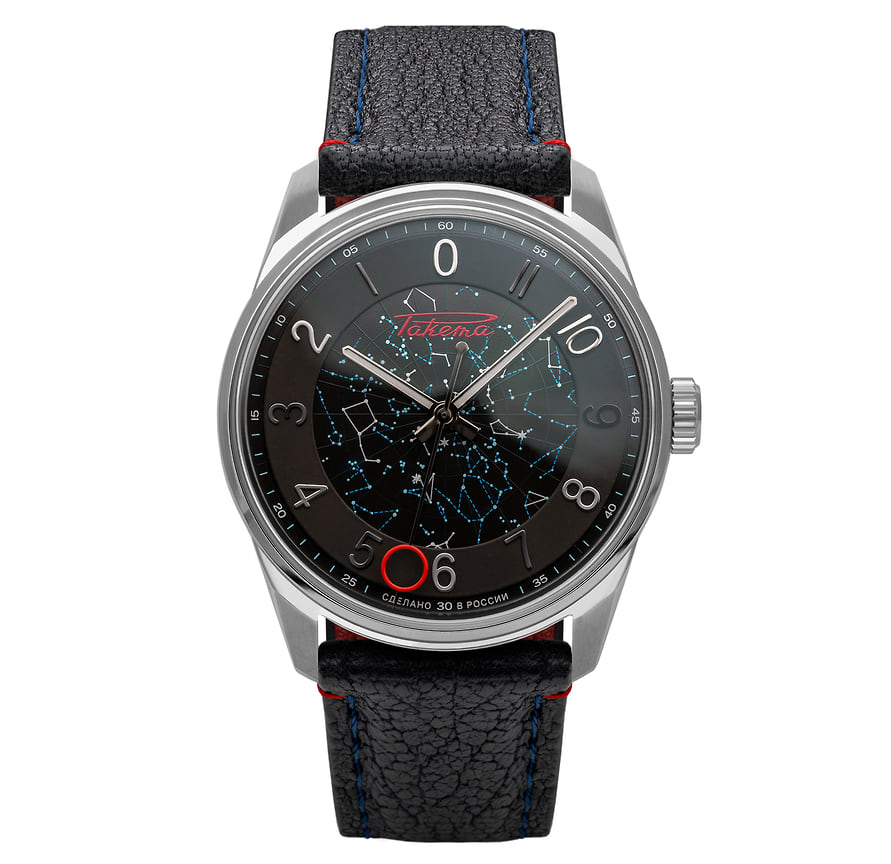 Raketa Russian Code, корпус 39,5 мм из стали, автоматический механизм с обратным (против часовой стрелки) ходом, номинация «Мужские часы», цена — CHF 1,95 тыс. (здесь и далее — в швейцарских франках) 