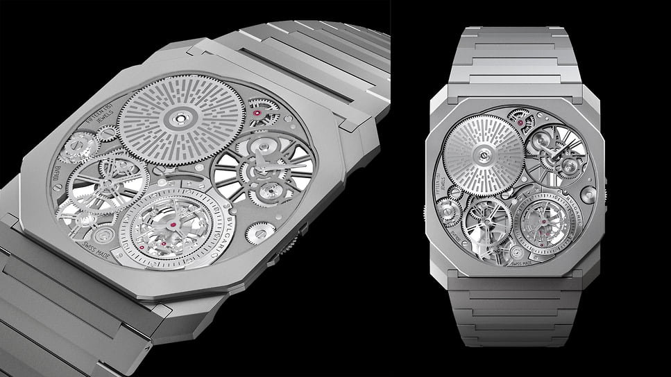 Bvlgari Octo Finissimo Ultra Tourbillon (номинация «Часы с турбийоном»): рекордный ультратонкий механизм с ручным заводом; корпус 40 мм – титан; цена – 635 тыс. (здесь и далее – в швейцарских франках). лимитированная 20 экз. серия