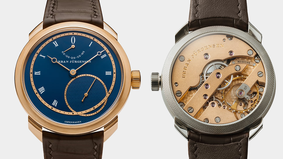 Номинация «Мужские часы»: Urban Jurgensen UJ-2 Double Wheel Natural Escapement, механизм с двойным спуском, индикатором запаса хода, ручным заводом и запасом хода 52 часа; корпус 39 мм — розовое золото; цена — 113,5 тыс. 