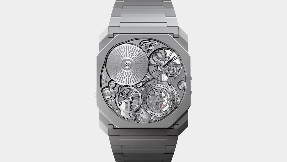 Номинация «Часы с турбийоном»: Bvlgari Octo Finissimo Ultra Tourbillon, рекордный ультратонкий механизм с турбийоном, ручным заводом с запасом хода 42 часа; корпус 40 мм – титан; цена – 635 тыс.; лимитированная 20 экз. серия 