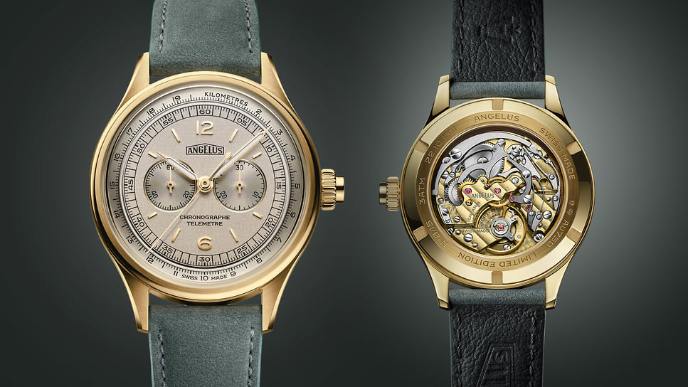Номинация «Часы с хронографом»: Angelus Chronographe Telemetre, механизм с хронографом, ручным заводом и запасом хода 42 часа; корпус 37 мм – желтое золото; цена – 32 тыс., лимитированная 15 экз. серия 