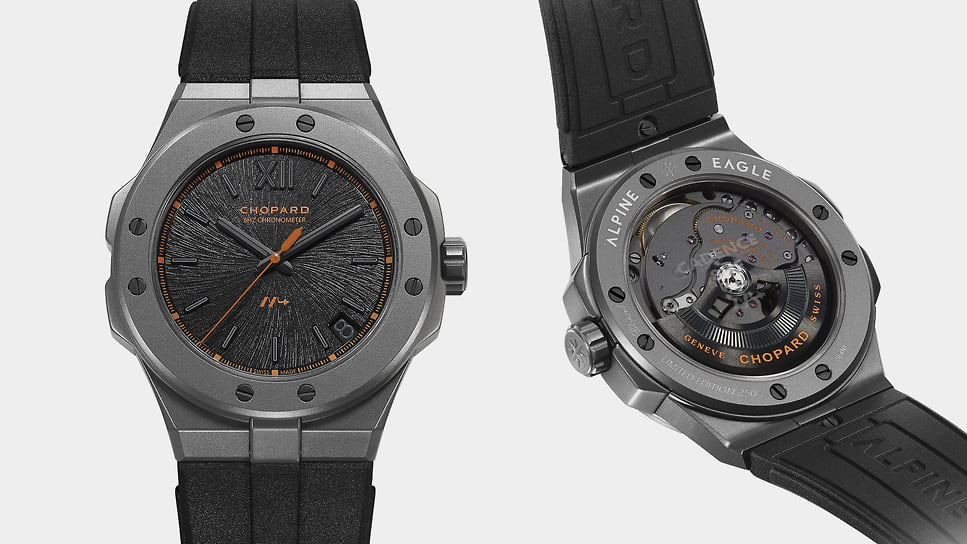 Номинация «Спортивные часы»: Chopard Alpine Eagle 41 SL Cadence 8HF, высокочастотный (8 Гц) автоматический механизм с индикатором даты и запасом хода 60 часов; корпус 41 мм – черненый титан; цена – 23,7 тыс.; лимитированная 250 экз. серия 