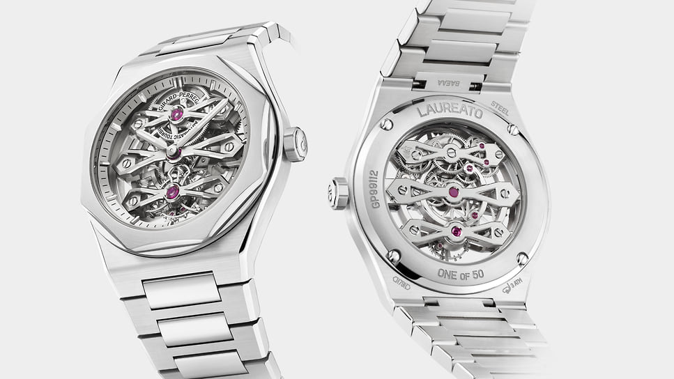 Girard-Perregaux Laureato Three Gold Bridges: турбийон на трех фирменных золотых мостах (на двух других базируются колесная передача и барабан с заводной пружиной) в корпусе спортивного дизайна Laureato, которому исполнилось 50 лет. Мануфактурный механизм с платиновым микро-ротором автоподзавода, корпус диаметром 41 мм — сталь, лимитированная 50 экземплярами серия, цена — €178 тыс.