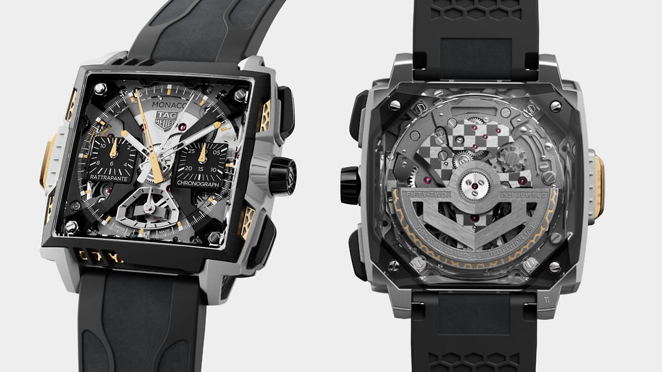 TAG Heuer Monaco SplitSeconds Chronograph Air 1: скелетированное исполнение дорогого сплит-хронографа (способен замерять два отрезка времени одновременно). На сей раз — с золотыми деталями, которые должны напоминать про спорткары Porsche. Автоматический мануфактурный механизм хронографа, корпус 39 X 39 мм — титан, лимитированная 30 экземплярами серия, цена — CHF 150 тыс.