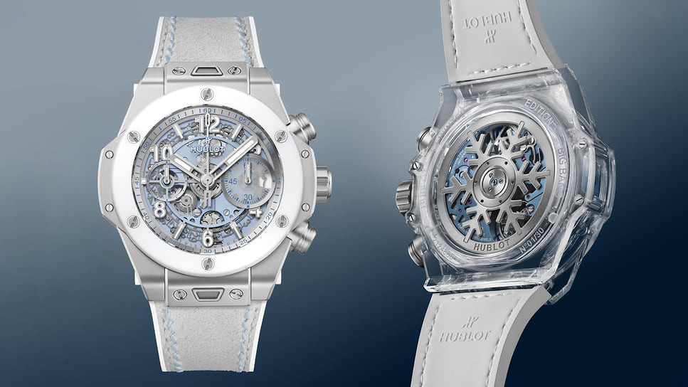 Hublot Big Bang Unico Winter Titanium Ceramic: «зимняя» модель в холодных тонах с белым керамическим безелем. Мануфактурный механизм хронографа с очаровательным ротором автоподзавода с символическими снежинками, корпус диаметром 42 мм — титан, лимитированная 200 экземплярами серия, цена — €26,2 тыс.