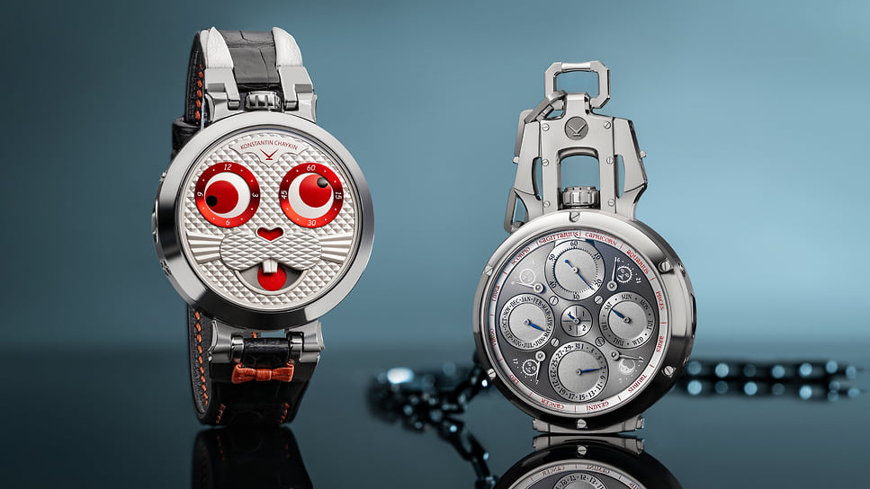 Konstantin Chaykin White Rabbit: суперсложный (16 усложнений) двусторонний ристмон Константина Чайкина. Мануфактурный механизм с ручным заводом с функциями вечного календаря, индикацией часов и минут среднего солнечного времени, индикации продолжительности дня/ночи. Трансформируемый из наручных в карманные корпус диаметром 42 мм — титан, лимитированная 6 экземплярами серия, цена — по запросу