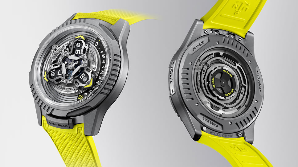 Urwerk X Ulysse Nardin UR-FREAK: интересная коллаборация между двумя самобытными марками, при этом обе сохранили свои фирменные признаки. Сателлитные указатели Urwerk совмещены с автоматическим карусельным мануфактурным механизмом Freak от Ulysse Nardin. Корпус диаметром 44 мм — титан, лимитированная 100 экземплярами серия, цена — CHF 108 тыс.