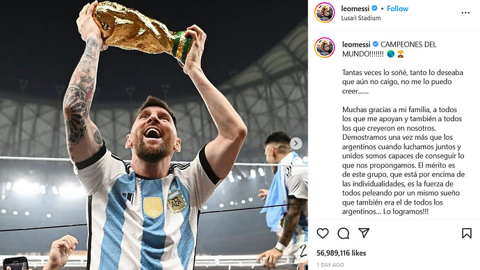 Пост Месси о победе на чемпионате мира набрал рекордное число лайков в Instagram