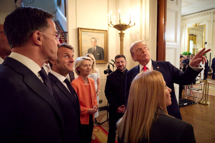Дональд Трамп, Владимир Зеленский, Урсула фон дер Ляйен, президент Франции Эмманюэль Макрон и генсек НАТО Марк Рютте (справа налево) 