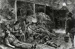 Рисунок Д. М . Вудворта «Эпидемия холеры в 1873 году в Соединенных Штатах Америки». Болезнь не щадила ни голодную оборванную толпу, ни привилегированные и обеспеченные классы. Посты и молитвы не омогали, а больным оставалось только покорно ждать смерти
