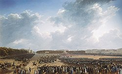 На картине Григория Чернецова "Парад 6 октября 1831 года на Царицыном лугу в Петербурге" изображены и выпускницы театрального училища, снискавшие милость Николая I 