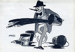 Разнузданность печати. Рисунок Л. Бродаты, "Огонек", 1952 год