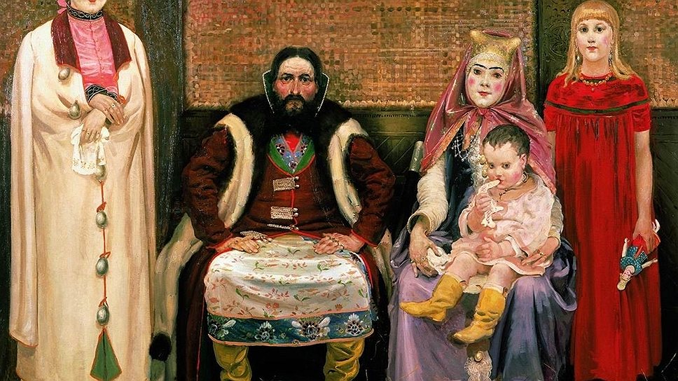 На картине Андрея Рябушкина мать семейства являет собой образец тогдашней купеческой красоты: лицо набелено, щеки нарумянены, брови нарисованы от души