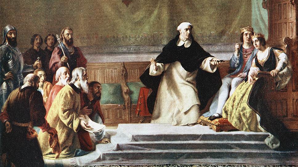 Король Фердинанд и королева Изабелла, объединители Испании и организаторы первого массового преследования евреев в Европе. На картине — инквизитор Торквемада не дает евреям выкупить прощение 