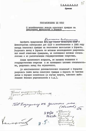 Постановление ЦК о выезде на ПМЖ в Израиле. Замечания тов. Подгорного учтены  