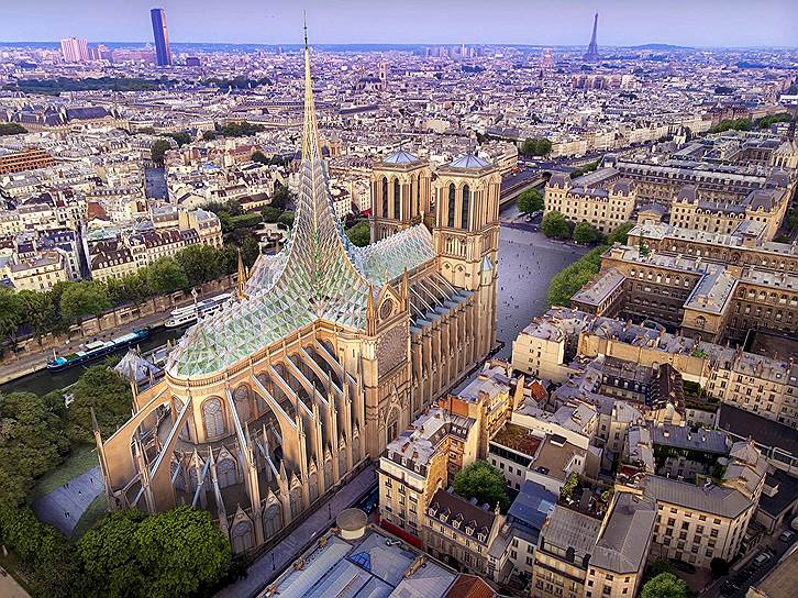 Проект бюро Vincent Callebaut Architectures называется «Палингенезис» («преобразование» или «новое рождение») и предполагает, что новая крыша будет вырабатывать тепло, электричество и энергию для вентиляции собора
