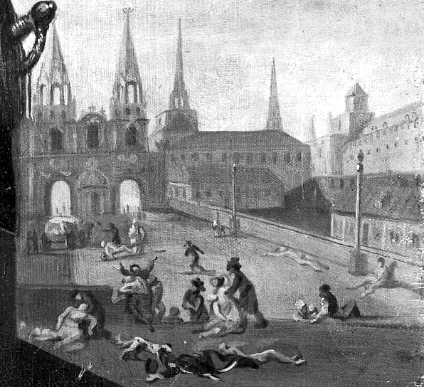 Чума в Москве. Фрагмент картины французского живописца Теодора-Луи Девильи (1818–1886). Уличная сцена у Воскресенских ворот: в глубине «мортусы» укладывают мертвое тело на тачку 
