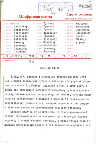 Отчет посла Виноградова о передаче вдове денег за публикацию Бунина в СССР 