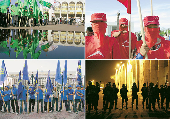 Неудавшаяся революция затопила Бишкек разноцветьем протеста. В зеленом на митинги ходили сторонники экс-премьера, в красном - сторонники экс-спикера, а в синем - сторонники оппозиции в целом. Местный спецназ разгонял митинг в традиционном - черном - облачении