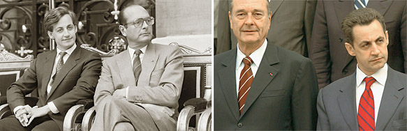 Николя Саркози тоже шагнул в большую политику с мэрства в Нейи, одном из самых престижных пригородов Парижа. Станет ли он преемником президента? Премьер Ширак и мэр Саркози в 1986-м. Справа - президент Ширак и министр Саркози в 2004-м