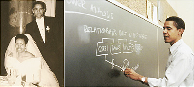 Свадьба Барака Обамы и Мишель, 1992 год; Обама—преподаватель Чикагской школы права, 1985 год