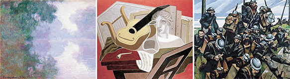 «Подлинные» шедевры от Майата: 1) «Утро на Сене» Клода Моне, 2) «Стол музыканта» Хуана Гриса, 3) «Французские войска отдыхают» Невинсона