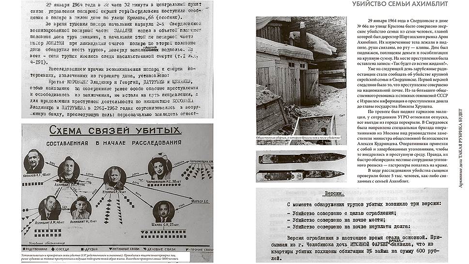 В 1964 году в Свердловске было совершено зверское убийство семьи из семи человек, главой которой был директор Шарташского рынка Арон Ахимблит. Уже на следующий день зарубежные радиостанции стали сообщать об убийстве еврейской семьи в Свердловске. Первой версией следствия было то, что преступление совершено на национальной почве. По тревоге был поднят гарнизон милиции, у сотрудников УГРО отменили отпуска, все выезды из города перекрыли. В Свердловск была направлена специальная бригада оперативников из Москвы.  