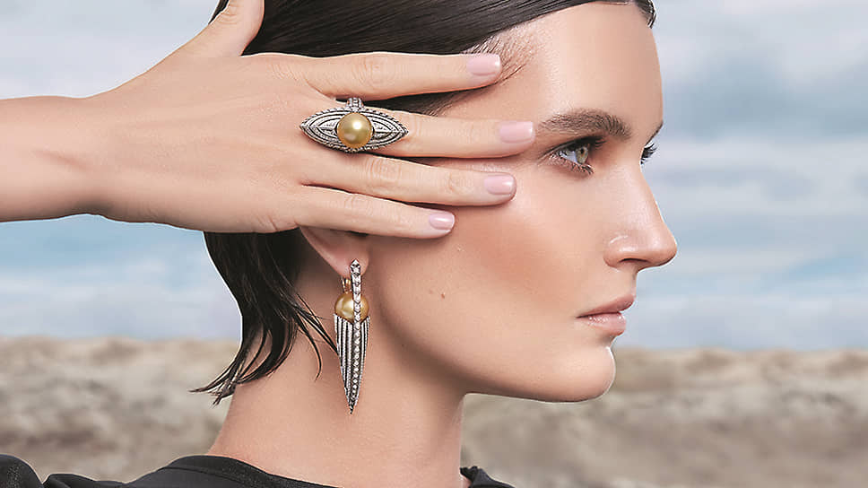 Chamovskikh Jewellery House, серьги и кольцо «Сидней», белое золото, жемчуг Южных морей, бриллианты