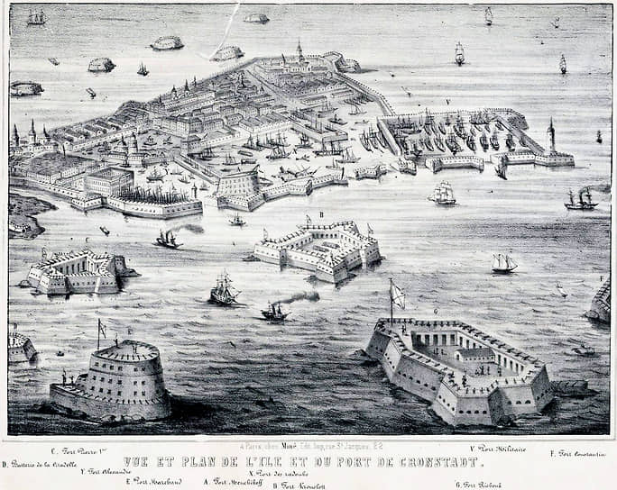 1854 г. Вид и карта острова и гавани Кронштадта 