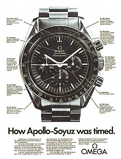 Реклама «Омеги» «How Apollo-Soyuz was timed» показывает этапы полета на циферблате часов