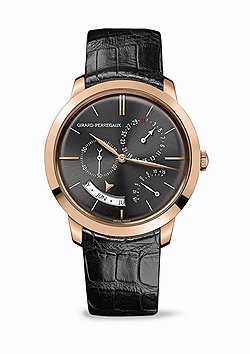 Girard-Perregaux, 1966 Annual Calendar & Equation of Time — самые сложные часы в классической линии "1966", возрожденной в 2008 году. Корпус — из розового золота, 40 миллиметров в диаметре. Калибр с балансовым колесом Microvar — механический, с автоподзаводом. Запас хода — 46 часов. Функции: часы, минуты, маленькая секундная стрелка, годовой календарь, уравнение времени. Годовой календарь автоматически учитывает количество дней в текущем месяце и требует корректировки лишь один раз в году — 28 февраля, за исключением високосных лет. Корректировку можно производить, вращая заводную коронку в обоих направлениях. Стрелка усложнения "уравнение времени", разместившаяся между "4" и "5" часами, показывает разницу между реальным солнечным и средним дневным временем