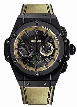 Hublot, King Power Usain Bolt, лимитированная серия хронографов в 250 экземпляров, созданная в честь главного спринтера всех времен и народов. Корпус из керамического сплава диаметром в 48 мм с покрытием PVD на безеле. Отличительной декоративной особенностью является миниатюрный керамический силуэт бегущего Болта: этот оригинальный элемент размещен в окошке "9 часов". Внутри часов установлен мануфактурный механизм HUB4100 с автоматическим заводом и запасом хода в 42 часа