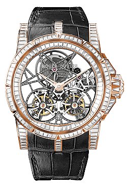 Roger Dubuis, Skeleton Double Flying Tourbillon Fine Jewellery, 2012: корпус из розового золота, 45 мм в диаметре; 408 белых бриллиантов в багетной огранке (общий вес — 19,99 карат). В часах установлен мануфактурный калибр RD01SQ: двойной "летящий" турбийон, включенный в механизм скелетона, частота — 21 600 полуколебаний в час, запас хода — 48 часов. Лимитированная серия в восьми экземплярах 