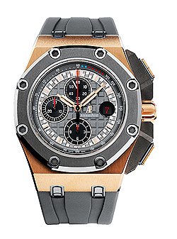 Audemars Piguet, Royal Oak Offshore Limited Edition Michael Schumacher, 2012: хронограф с автоматическим подзаводом, запас хода — 60 часов, частота — 21 600 полуколебаний в час, выгравированные подпись Михаэля Шумахера и логотип Audemars Piguet. На тахиметрической шкале семь индексов. Это две синие звезды (число побед Михаэля Шумахера в составе Benetton в рамках «Формулы-1») и пять красных звезд (число побед гонщика в команде Ferrari). Корпус из титана, серый каучуковый ремешок, 1000 штук. Корпус из розового золота, черный каучуковый ремешок, 500 штук. Корпус из платины, синий каучуковый ремешок, 100 штук