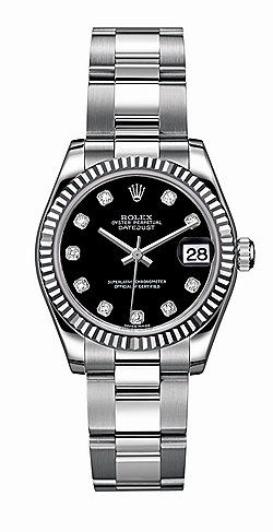 Rolex Oyster Perpetual Datejust с корпусом из белого золота и стали диаметром 31 мм. Модель с автоматическим заводом оснащена черным циферблатом, украшенным десятью бриллиантовыми метками. Эти часы получили лауреаты женщины