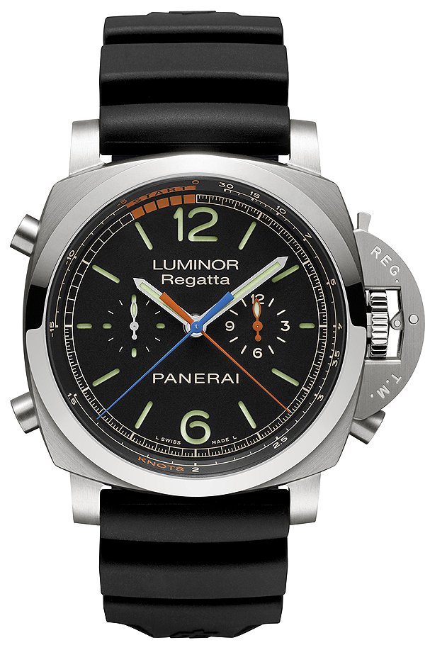 Panerai, Luminor 1950 Regatta 3 Days Chrono Flyback, 2013: часы с корпусом из титана диаметром 47 мм и автоматическим калибром Panerai P.9100/ R, обеспечивающим работу хронографа с функцией flyback и тремя днями запаса хода