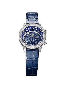 Jaeger-LeCoultre, Rendez-Vous Celestial, 2013: сложная астрономическая женская модель продолжает линию, дебютировавшую летом 2012 года. Корпус из белого золота 37,5 мм в диаметре, его безель, боковые грани, а также заводная коронка украшены 155 белыми бриллиантами общим весом в 2,09 карата. Циферблат Rendez-Vous Celestial сделан из ляпис-лазури с гильоше и бриллиантами. Функции: часы, минуты, вращающаяся карта звездного неба с обозначением зодиакальных созвездий. Мануфактурный автоматический калибр Jaeger-LeCoultre 809 обеспечивает едва заметное поступательное вращение синего диска: один оборот за 23 часа 56 минут и 4 секунды. Rendez-Vous Celestial — не только астрономические, но и романтические часы: с помощью второй заводной коронки владелица модели может выставить стрелку со звездой, которая укажет время будущего свидания