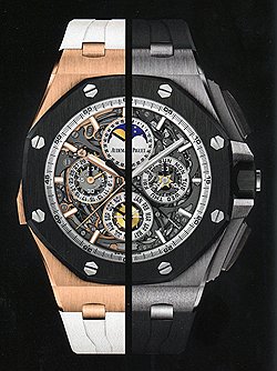 Audemars Piguet, Royal Oak Offshore Grande Complication, 2013: корпус этих очень сложных часов диаметром 44 мм может быть выполнен либо из титана, либо из розового золота. Калибр 2885 работы Audemars Piguet, состоящий из 648 деталей, обеспечивает работу минутного репетира, вечного календаря и сплит-хронографа. Ограниченная серия: будет выпущено три модели в титановом корпусе и еще три — в корпусе из розового золота