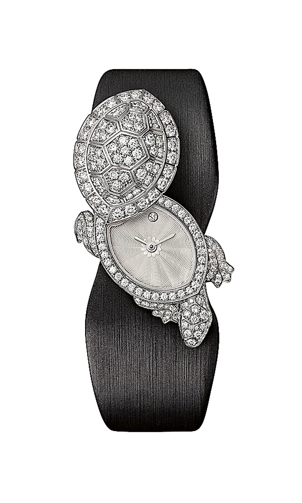 Cartier, Les Heures Fabuleuses, Tortue Secret Watch, 2013: часы с корпусом из белого золота представлены в двух версиях — с крышкой, украшенной белыми бриллиантами, и с крышкой, созданной из морганита и также украшенной драгоценными камнями